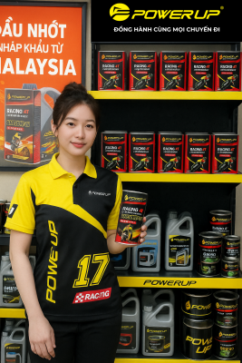 Kệ nhớt Power Up trưng bày chuyên nghiệp tại tiệm sửa xe