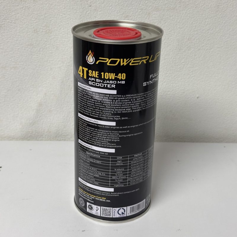 Chi tiết thông số kỹ thuật và tiêu chuẩn chất lượng mặt sau lon dầu nhớt tổng hợp xe ga Power Up