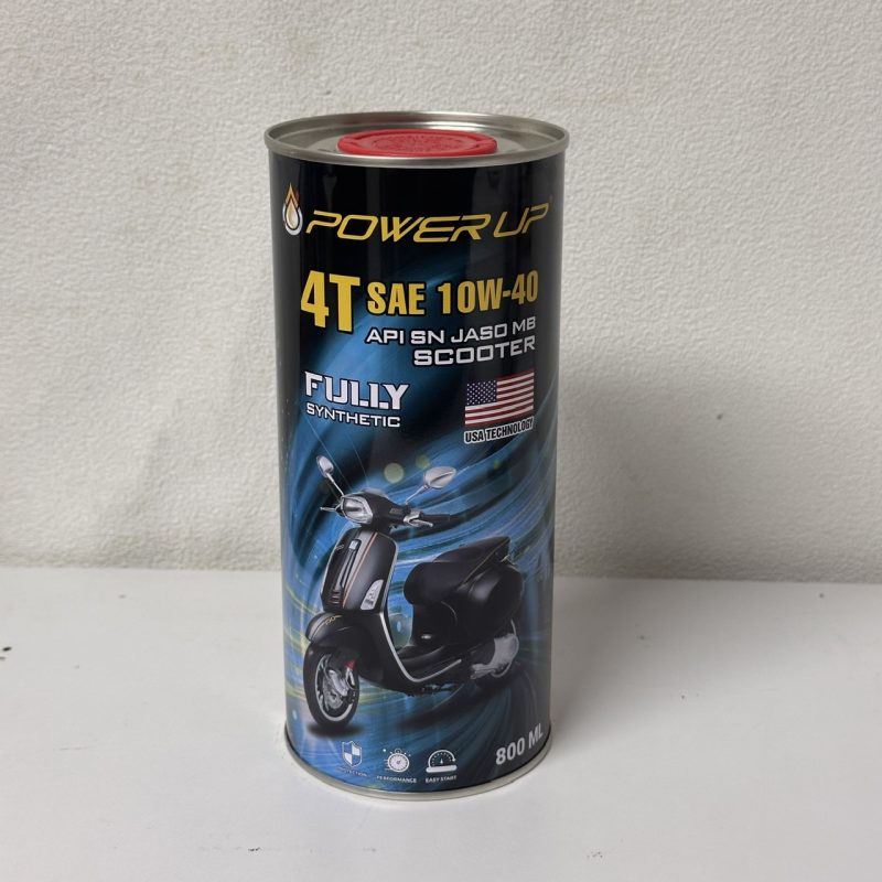Mặt trước lon nhớt Power Up Scooter 800 ml ghi 4T SAE 10W-40, API SN và JASO MB